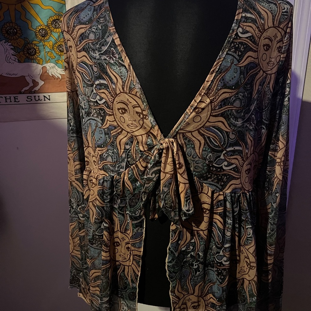 SHEIN Celestial Print Tie-Front Sheer Blouse - Black and Tan